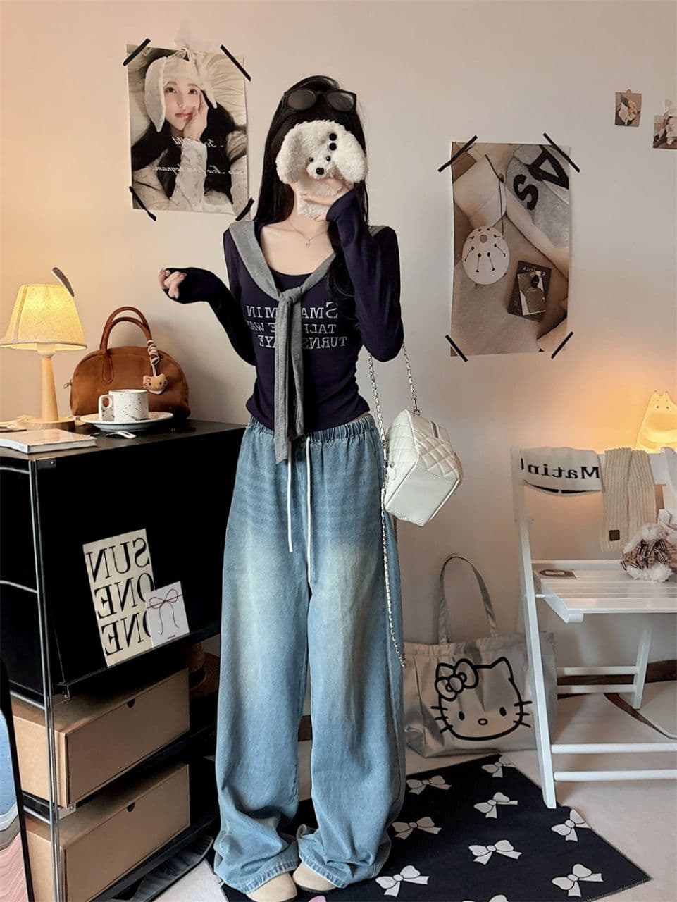 벨트 가슴 패드 페이크 레이어드 배색 알파벳 프린트 숄 긴팔 티셔츠 여성 몸매 가꾸기 허리 수축 인사이드 잡아라. 의류 상세 이미지 8