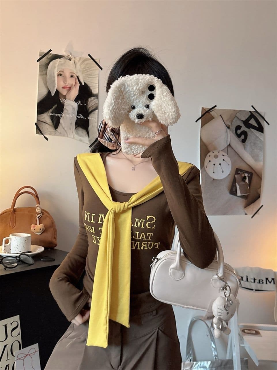벨트 가슴 패드 페이크 레이어드 배색 알파벳 프린트 숄 긴팔 티셔츠 여성 몸매 가꾸기 허리 수축 인사이드 잡아라. 의류 상세 이미지 11