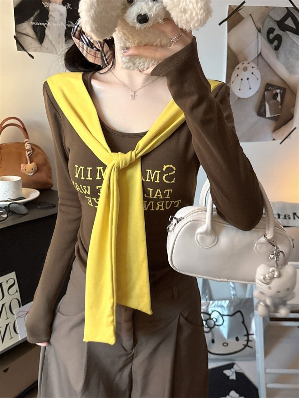 벨트 가슴 패드 페이크 레이어드 배색 알파벳 프린트 숄 긴팔 티셔츠 여성 몸매 가꾸기 허리 수축 인사이드 잡아라. 의류 상세 이미지 12
