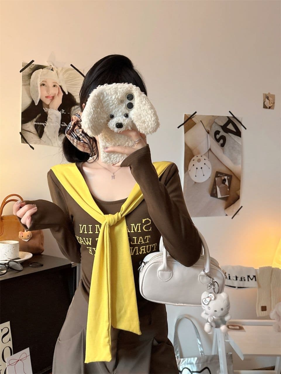 벨트 가슴 패드 페이크 레이어드 배색 알파벳 프린트 숄 긴팔 티셔츠 여성 몸매 가꾸기 허리 수축 인사이드 잡아라. 의류 상세 이미지 13