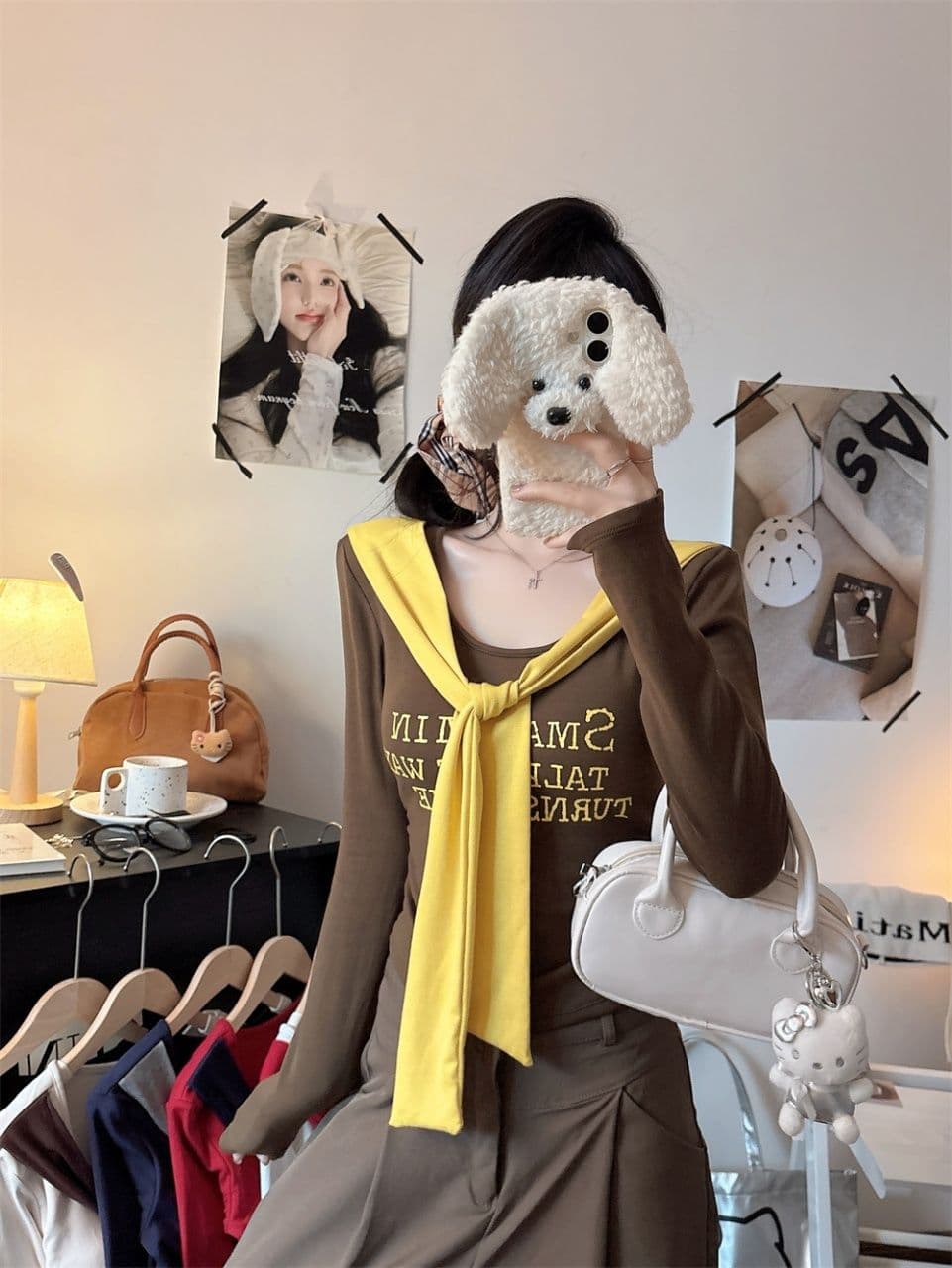 벨트 가슴 패드 페이크 레이어드 배색 알파벳 프린트 숄 긴팔 티셔츠 여성 몸매 가꾸기 허리 수축 인사이드 잡아라. 의류 상세 이미지 14