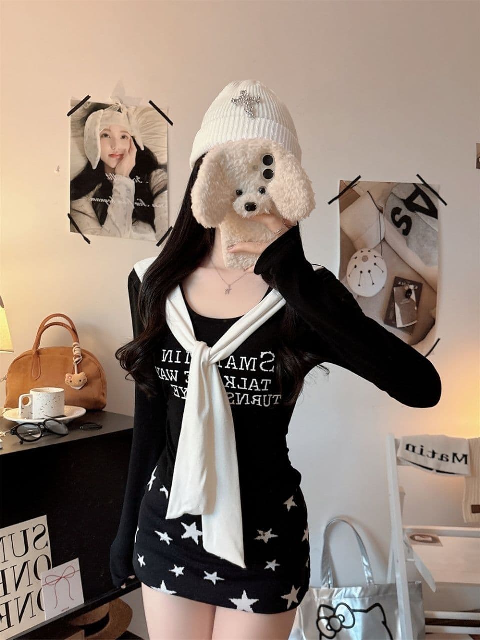 벨트 가슴 패드 페이크 레이어드 배색 알파벳 프린트 숄 긴팔 티셔츠 여성 몸매 가꾸기 허리 수축 인사이드 잡아라. 의류 상세 이미지 17