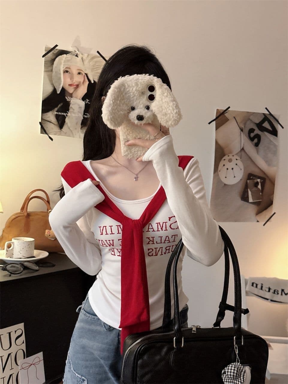 벨트 가슴 패드 페이크 레이어드 배색 알파벳 프린트 숄 긴팔 티셔츠 여성 몸매 가꾸기 허리 수축 인사이드 잡아라. 의류 상세 이미지 19