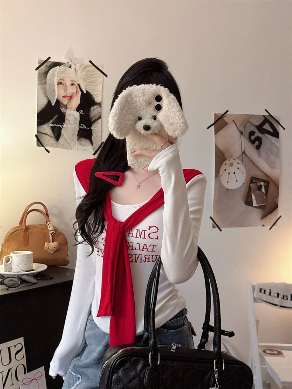 벨트 가슴 패드 페이크 레이어드 배색 알파벳 프린트 숄 긴팔 티셔츠 여성 몸매 가꾸기 허리 수축 인사이드 잡아라. 의류 상세 이미지 20