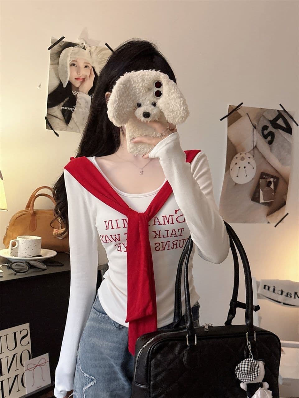 벨트 가슴 패드 페이크 레이어드 배색 알파벳 프린트 숄 긴팔 티셔츠 여성 몸매 가꾸기 허리 수축 인사이드 잡아라. 의류 상세 이미지 21