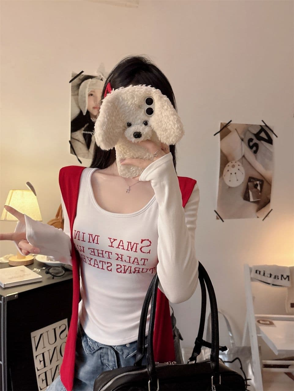 벨트 가슴 패드 페이크 레이어드 배색 알파벳 프린트 숄 긴팔 티셔츠 여성 몸매 가꾸기 허리 수축 인사이드 잡아라. 의류 상세 이미지 23