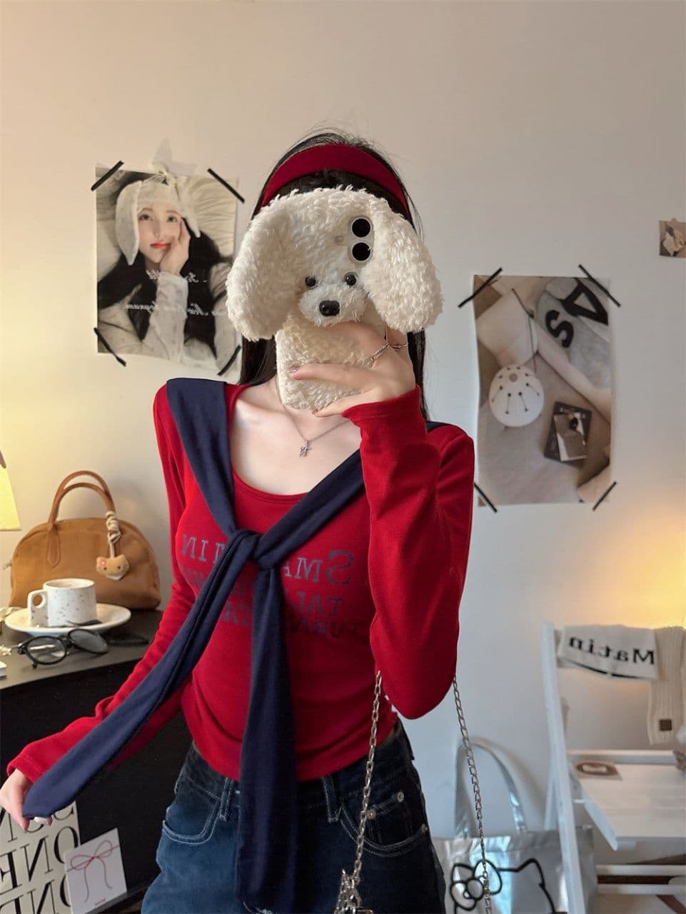 벨트 가슴 패드 페이크 레이어드 배색 알파벳 프린트 숄 긴팔 티셔츠 여성 몸매 가꾸기 허리 수축 인사이드 잡아라. 의류 상세 이미지 25