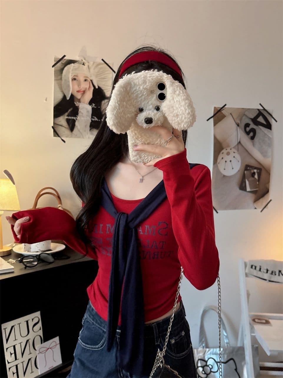 벨트 가슴 패드 페이크 레이어드 배색 알파벳 프린트 숄 긴팔 티셔츠 여성 몸매 가꾸기 허리 수축 인사이드 잡아라. 의류 상세 이미지 26