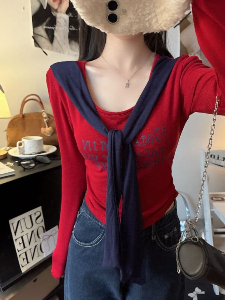 벨트 가슴 패드 페이크 레이어드 배색 알파벳 프린트 숄 긴팔 티셔츠 여성 몸매 가꾸기 허리 수축 인사이드 잡아라. 의류 상세 이미지 28