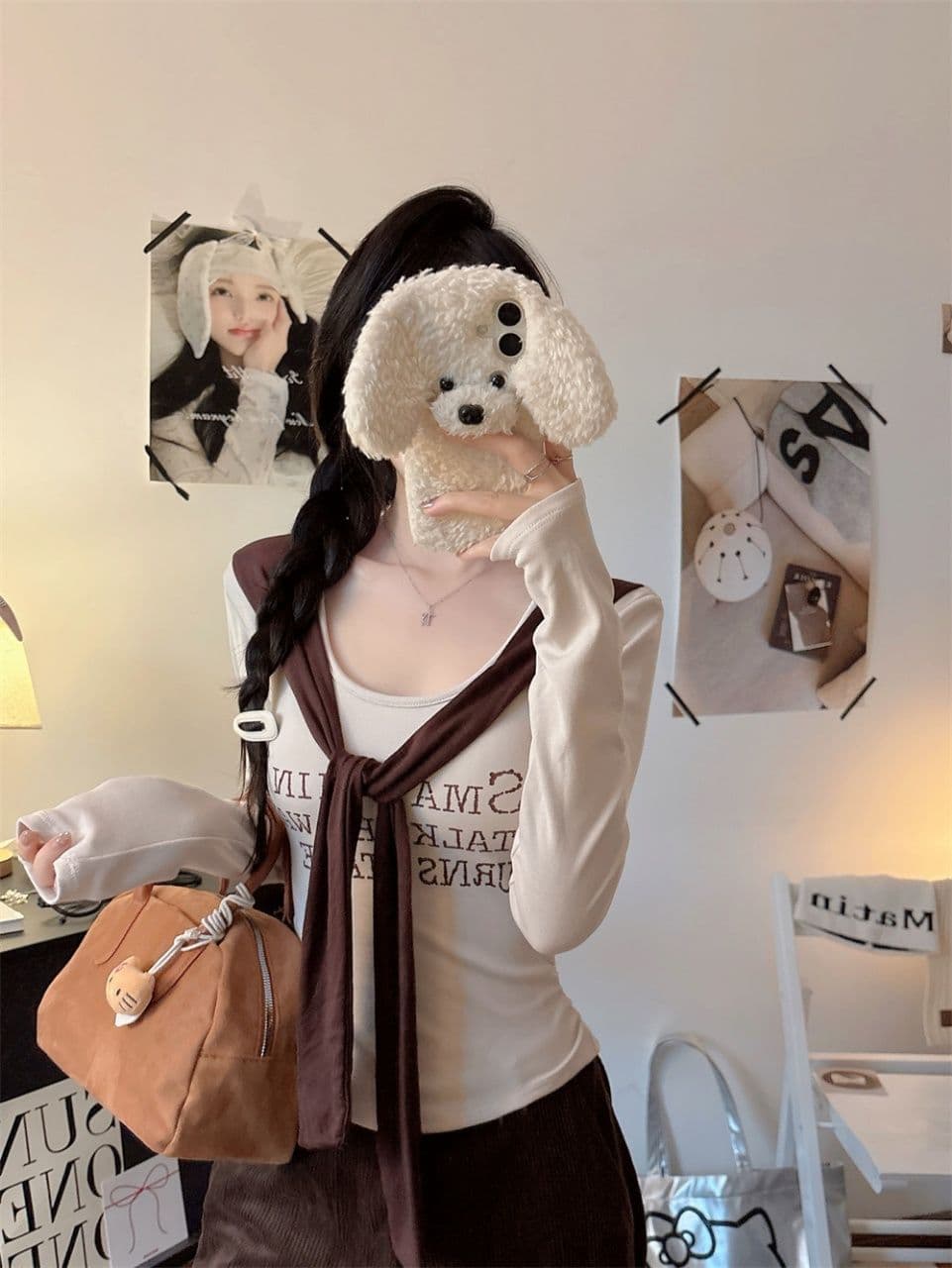 벨트 가슴 패드 페이크 레이어드 배색 알파벳 프린트 숄 긴팔 티셔츠 여성 몸매 가꾸기 허리 수축 인사이드 잡아라. 의류 상세 이미지 31