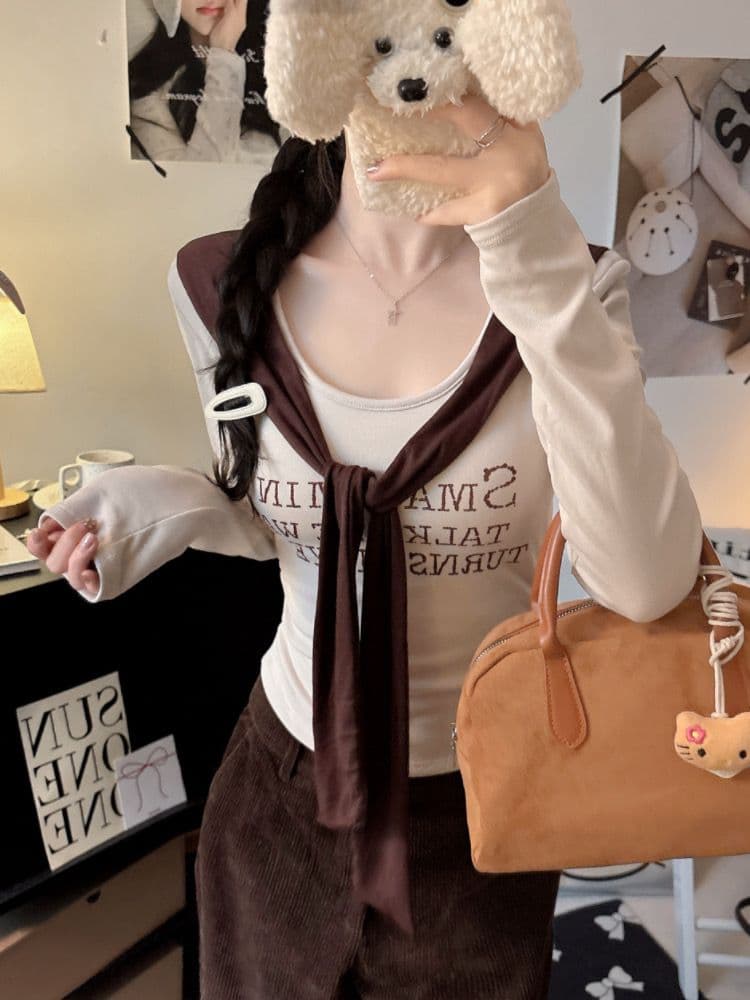 벨트 가슴 패드 페이크 레이어드 배색 알파벳 프린트 숄 긴팔 티셔츠 여성 몸매 가꾸기 허리 수축 인사이드 잡아라. 의류 상세 이미지 34