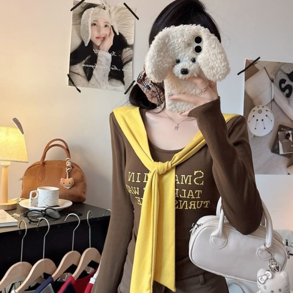벨트 가슴 패드 페이크 레이어드 배색 알파벳 프린트 숄 긴팔 티셔츠 여성 몸매 가꾸기 허리 수축 인사이드 잡아라. 의류 이미지 5