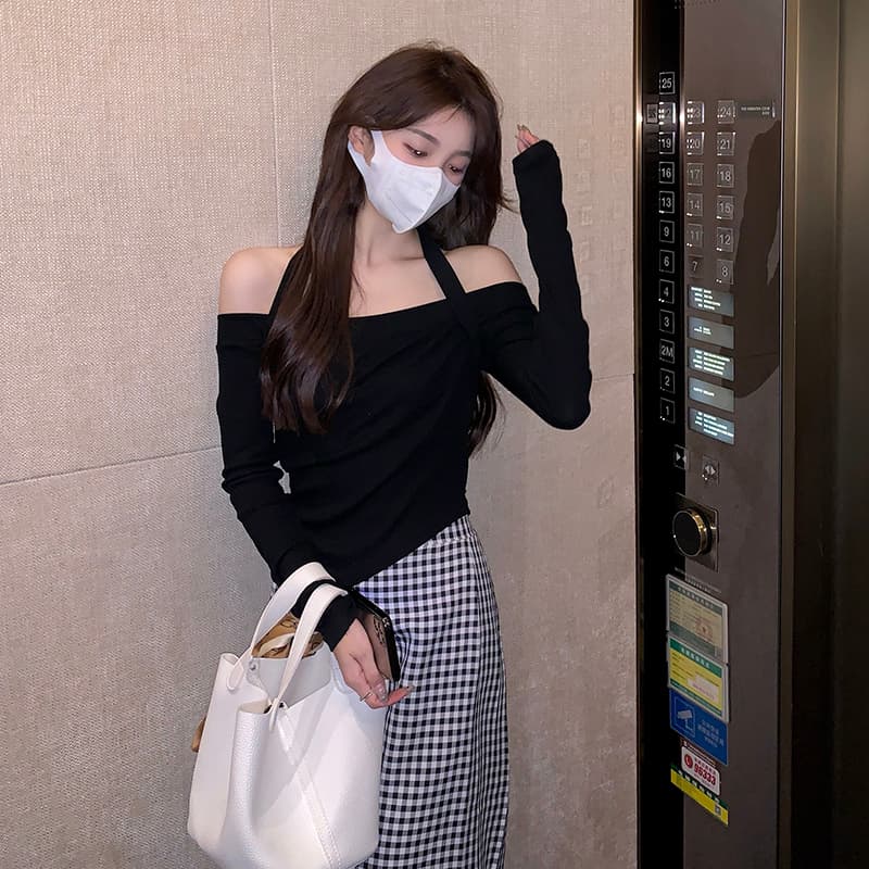 오프숄더 긴팔 티셔츠 여성 의류 봄 가을 핫걸 디자인 센스 작은 대중 쇼트 스타일 상세 이미지 6