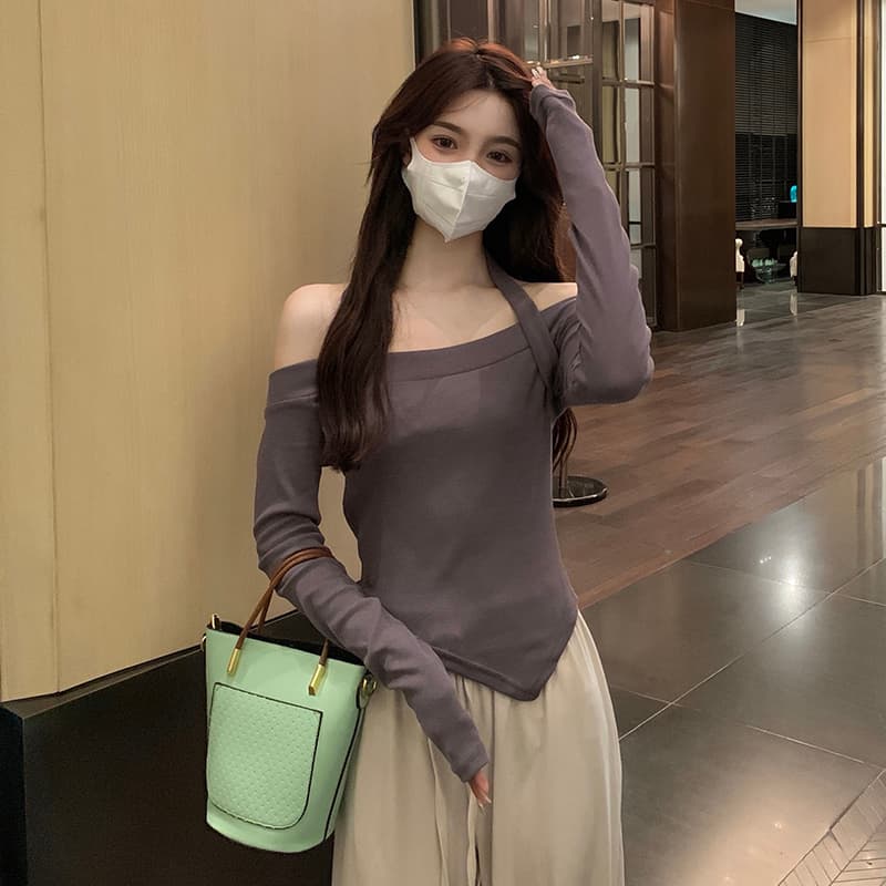 오프숄더 긴팔 티셔츠 여성 의류 봄 가을 핫걸 디자인 센스 작은 대중 쇼트 스타일 상세 이미지 30