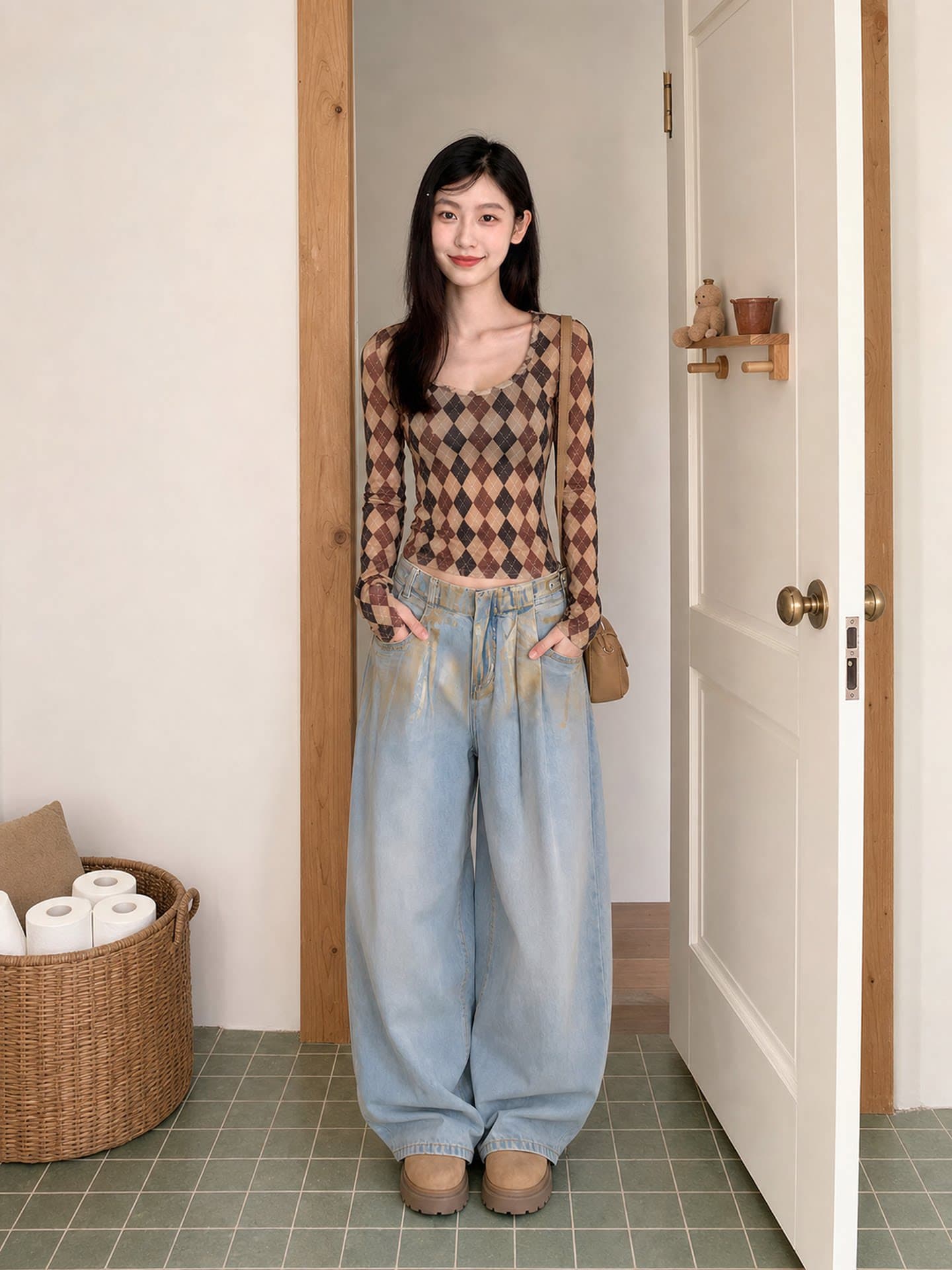 체크무늬 긴팔 티셔츠 여성 세련된 외국 가스 몸매 가꾸기 슬림해 보이는 기본 셔츠 가을 새로운 핫걸 맨위 이미지 3