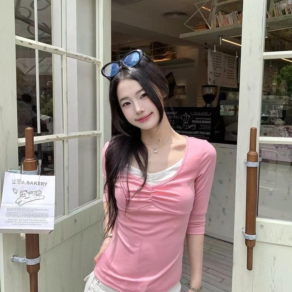 핑크색 페이크 레이어드 반팔 티셔츠 여성 여름 섹션 한 부서 소녀 센스 몸매 가꾸기 허리 수축 작은 키 맨위 이미지 5