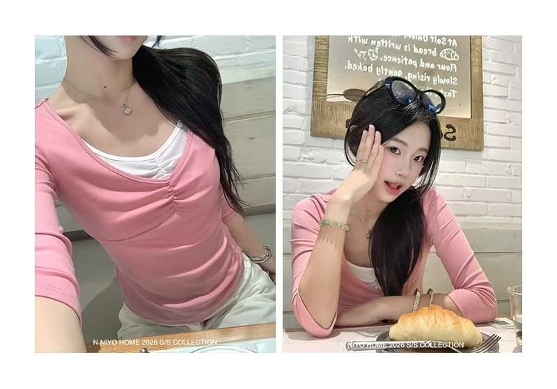 핑크색 페이크 레이어드 반팔 티셔츠 여성 여름 섹션 한 부서 소녀 센스 몸매 가꾸기 허리 수축 작은 키 맨위 상세 이미지 2