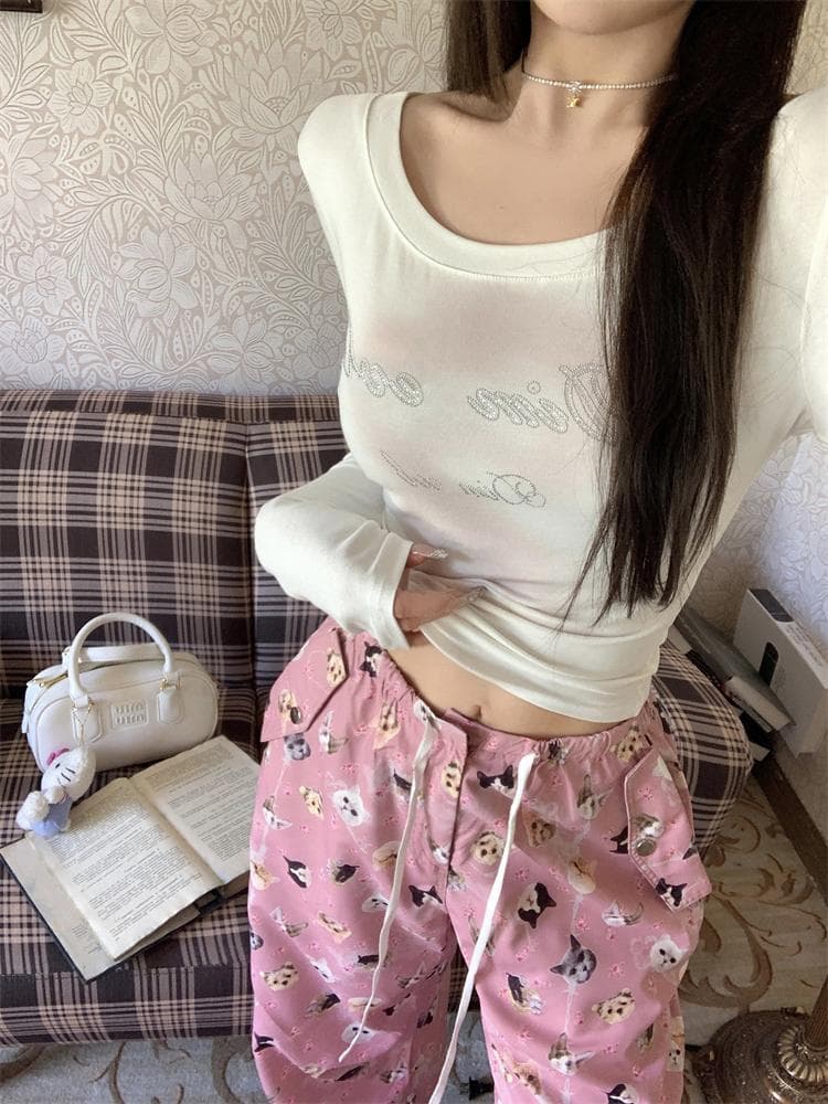 순수한 욕망 달콤한 핫걸 쇼트 스타일 타이트 맨위 여성 가을 겨울 프린트 긴팔 티셔츠 여성 만나는 상세 이미지 5