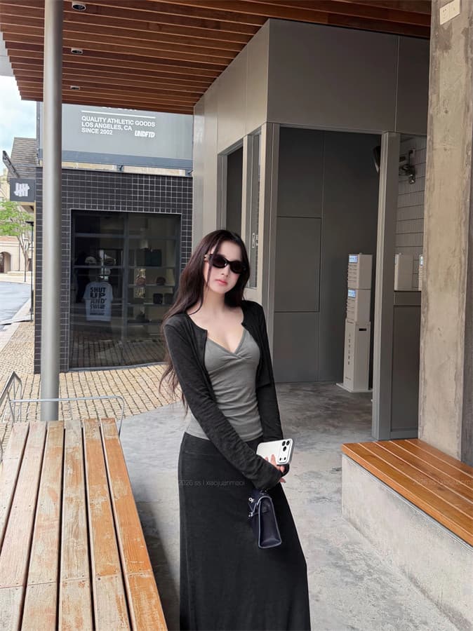 레트로 긴팔 오픈 가디건 인사이드 가져 가라. V넥 캐미솔 이른 가을 착용 가져 가라. 세트 타이트 스커트 반신 스커트 3종 세트 상세 이미지 7