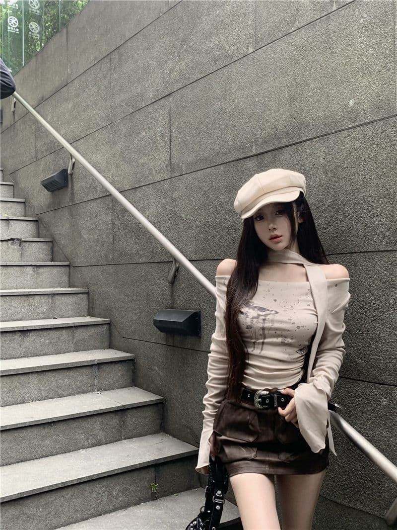 핫걸 오프숄더 프린트 티셔츠 여성 레트로 Chic 디자인 센스 맨위 이미지 3