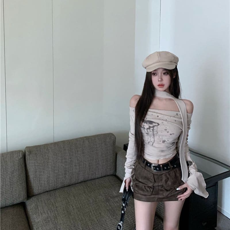 핫걸 오프숄더 프린트 티셔츠 여성 레트로 Chic 디자인 센스 맨위