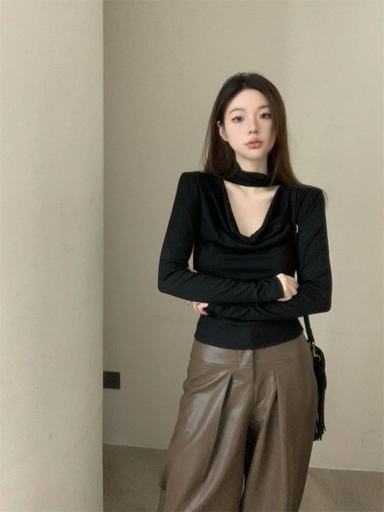 홀로우 아웃 행침 목 흔들다 칼라 긴팔 티셔츠 여성 몸매 가꾸기 인사이드 가져 가라. 기본 셔츠 맨위 이미지 2
