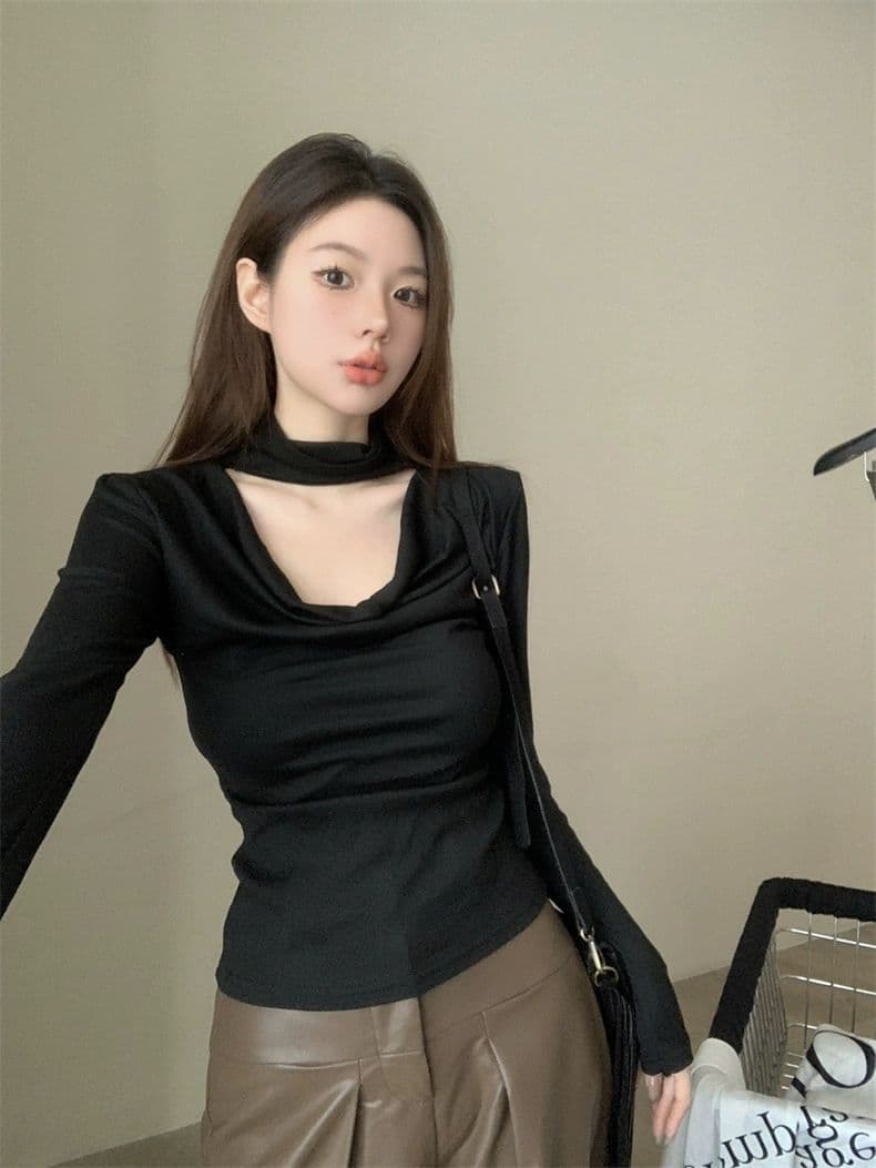 홀로우 아웃 행침 목 흔들다 칼라 긴팔 티셔츠 여성 몸매 가꾸기 인사이드 가져 가라. 기본 셔츠 맨위 이미지 3