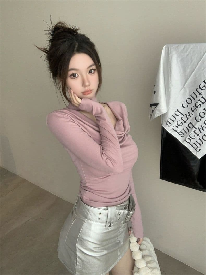 홀로우 아웃 행침 목 흔들다 칼라 긴팔 티셔츠 여성 몸매 가꾸기 인사이드 가져 가라. 기본 셔츠 맨위 이미지 4