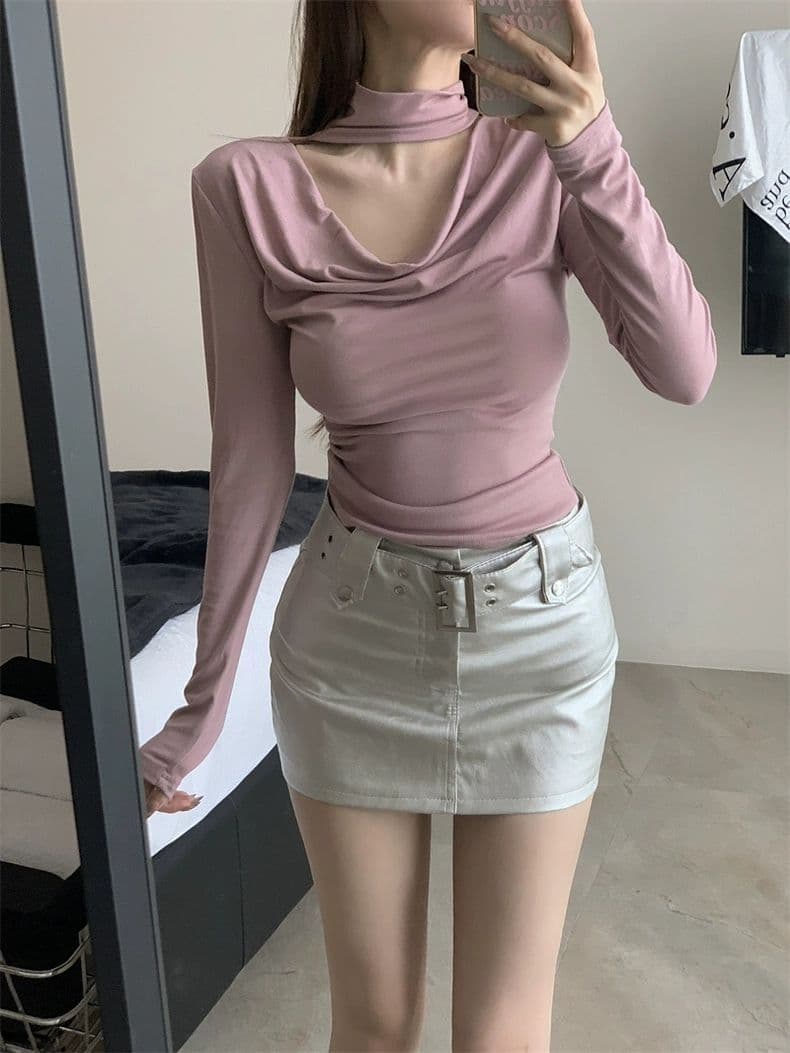 홀로우 아웃 행침 목 흔들다 칼라 긴팔 티셔츠 여성 몸매 가꾸기 인사이드 가져 가라. 기본 셔츠 맨위 상세 이미지 1