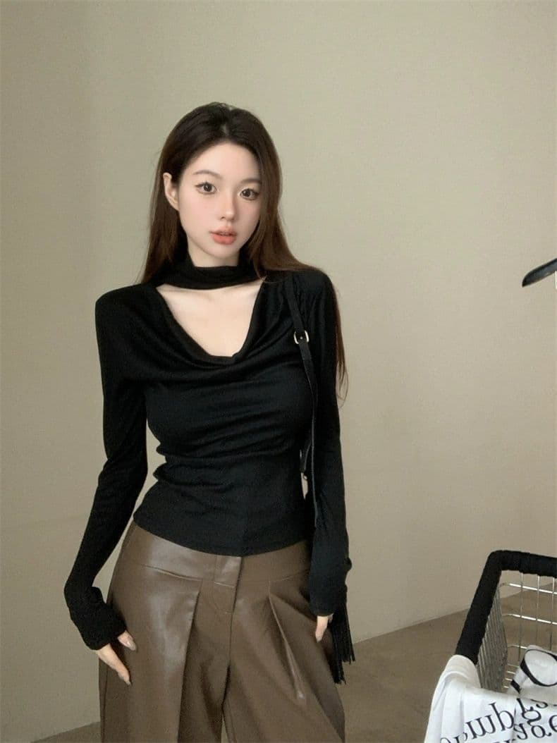 홀로우 아웃 행침 목 흔들다 칼라 긴팔 티셔츠 여성 몸매 가꾸기 인사이드 가져 가라. 기본 셔츠 맨위 상세 이미지 4
