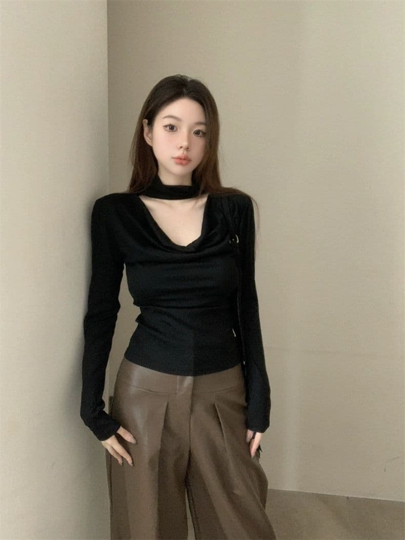 홀로우 아웃 행침 목 흔들다 칼라 긴팔 티셔츠 여성 몸매 가꾸기 인사이드 가져 가라. 기본 셔츠 맨위 상세 이미지 7