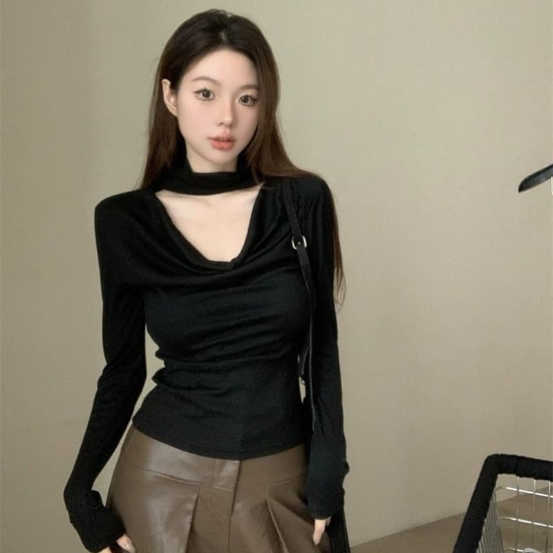 홀로우 아웃 행침 목 흔들다 칼라 긴팔 티셔츠 여성 몸매 가꾸기 인사이드 가져 가라. 기본 셔츠 맨위 이미지 5