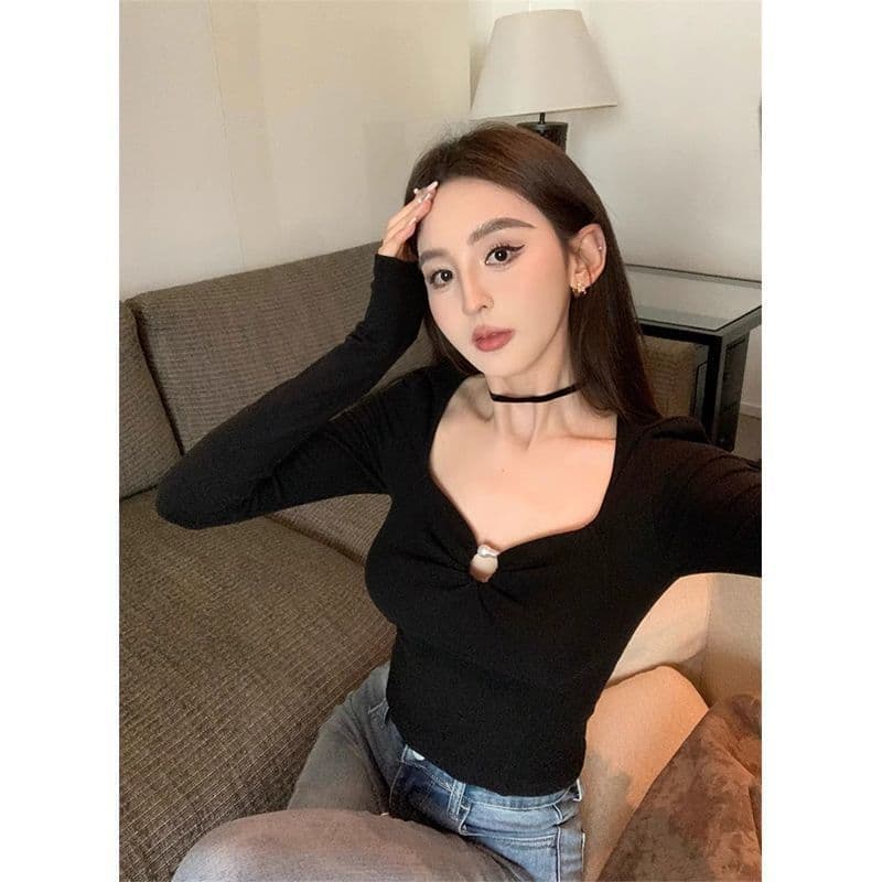 홀로우 아웃 광장 칼라 긴팔 긍정적 인 어깨 만나는 가을 겨울 몸매 가꾸기 인사이드 잡아라. 의류 상세 이미지 6