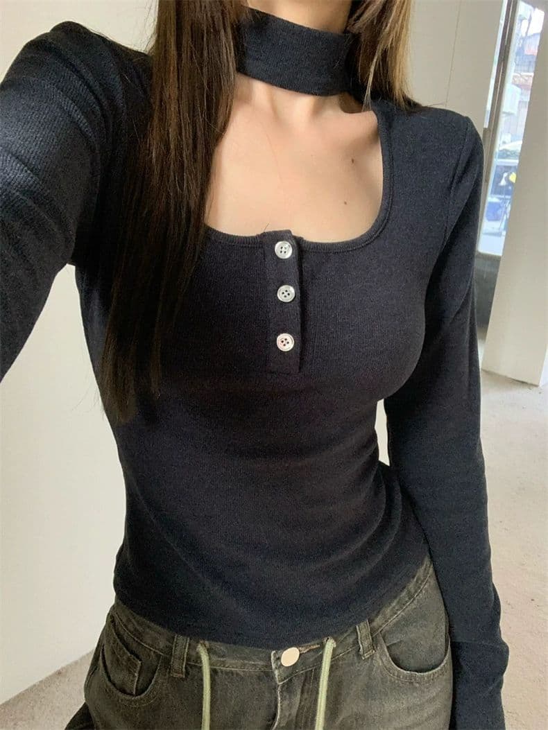 핫걸 행침 목 광장 칼라 긴팔 가을 몸매 가꾸기 인사이드 가져 가라. 패션 티셔츠 맨위 이미지 2