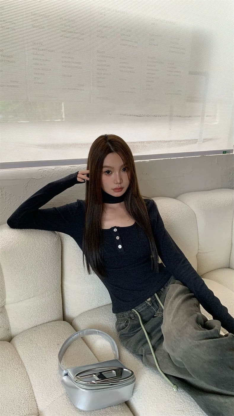 핫걸 행침 목 광장 칼라 긴팔 가을 몸매 가꾸기 인사이드 가져 가라. 패션 티셔츠 맨위 상세 이미지 1