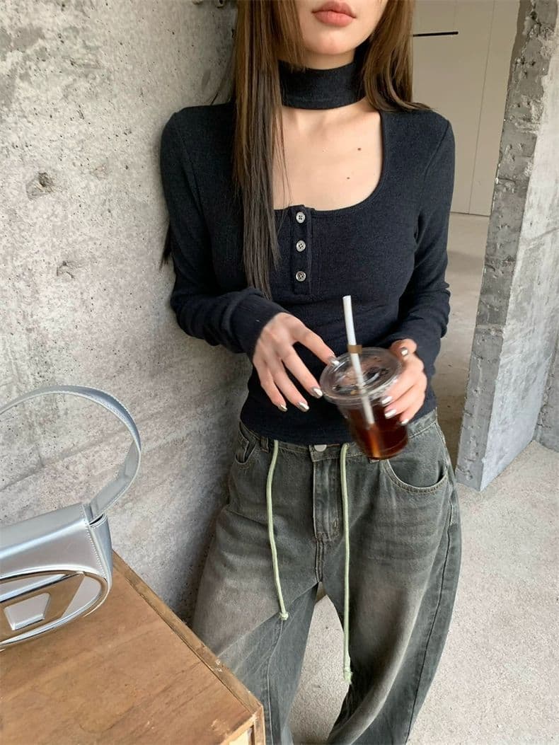 핫걸 행침 목 광장 칼라 긴팔 가을 몸매 가꾸기 인사이드 가져 가라. 패션 티셔츠 맨위 상세 이미지 3