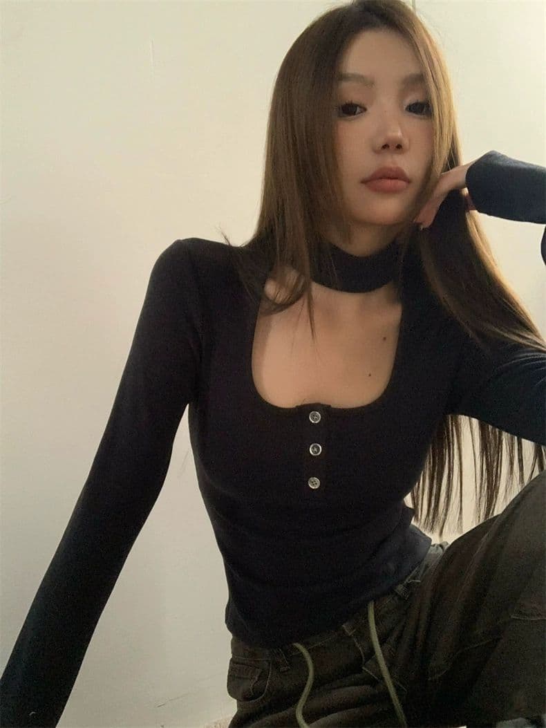 핫걸 행침 목 광장 칼라 긴팔 가을 몸매 가꾸기 인사이드 가져 가라. 패션 티셔츠 맨위 상세 이미지 4