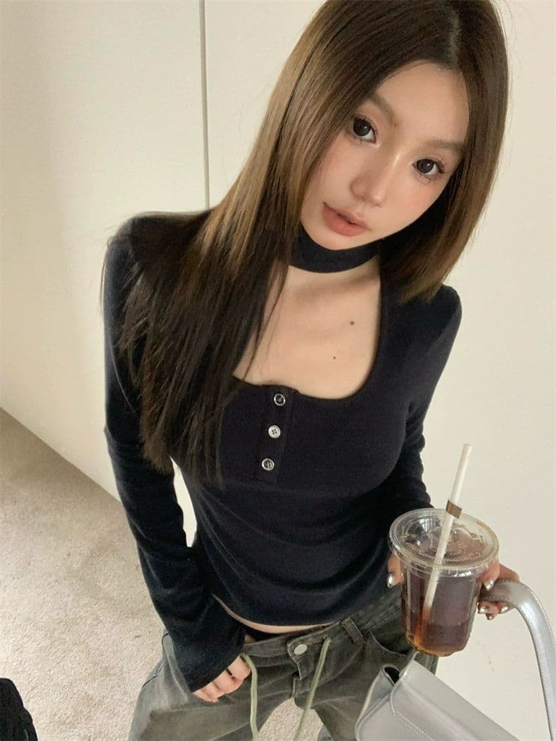 핫걸 행침 목 광장 칼라 긴팔 가을 몸매 가꾸기 인사이드 가져 가라. 패션 티셔츠 맨위 상세 이미지 7