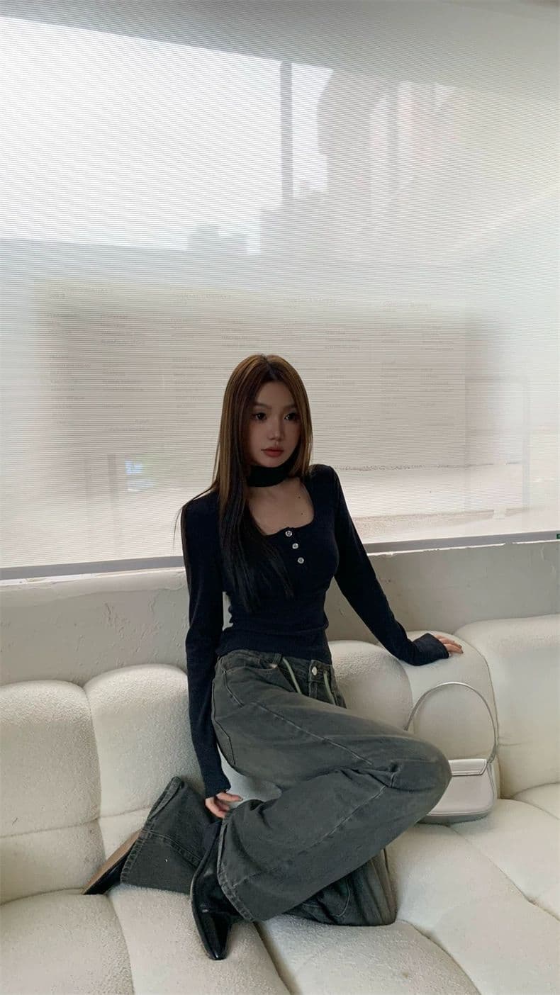 핫걸 행침 목 광장 칼라 긴팔 가을 몸매 가꾸기 인사이드 가져 가라. 패션 티셔츠 맨위 상세 이미지 10