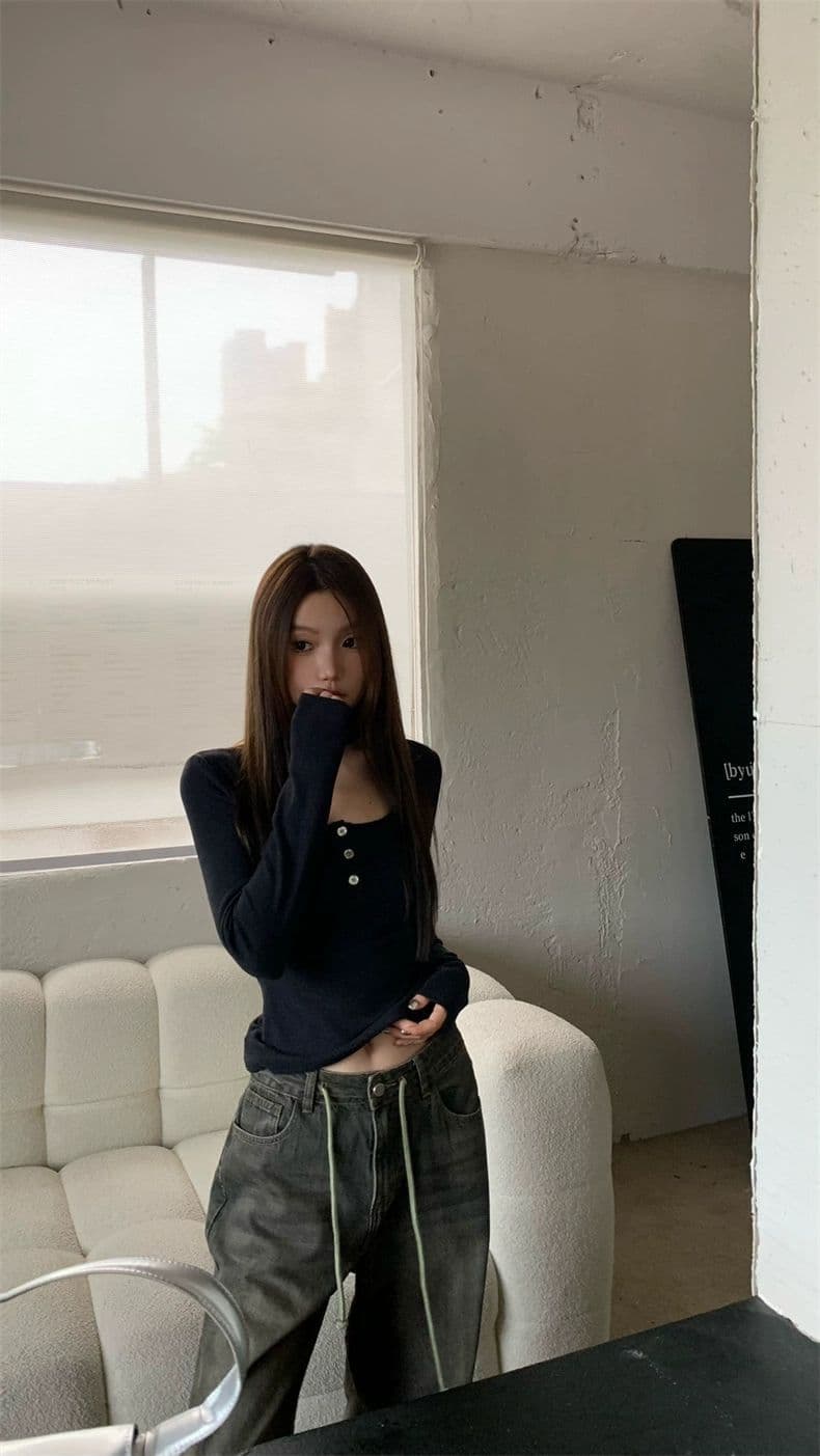 핫걸 행침 목 광장 칼라 긴팔 가을 몸매 가꾸기 인사이드 가져 가라. 패션 티셔츠 맨위 상세 이미지 12
