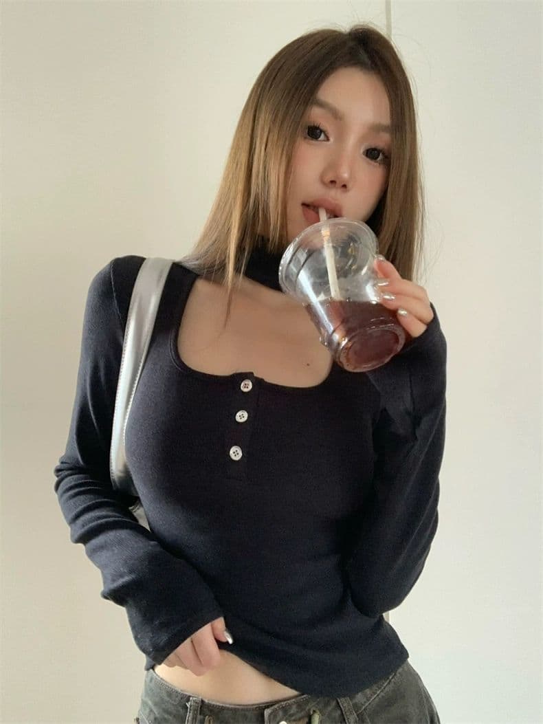 핫걸 행침 목 광장 칼라 긴팔 가을 몸매 가꾸기 인사이드 가져 가라. 패션 티셔츠 맨위 상세 이미지 13