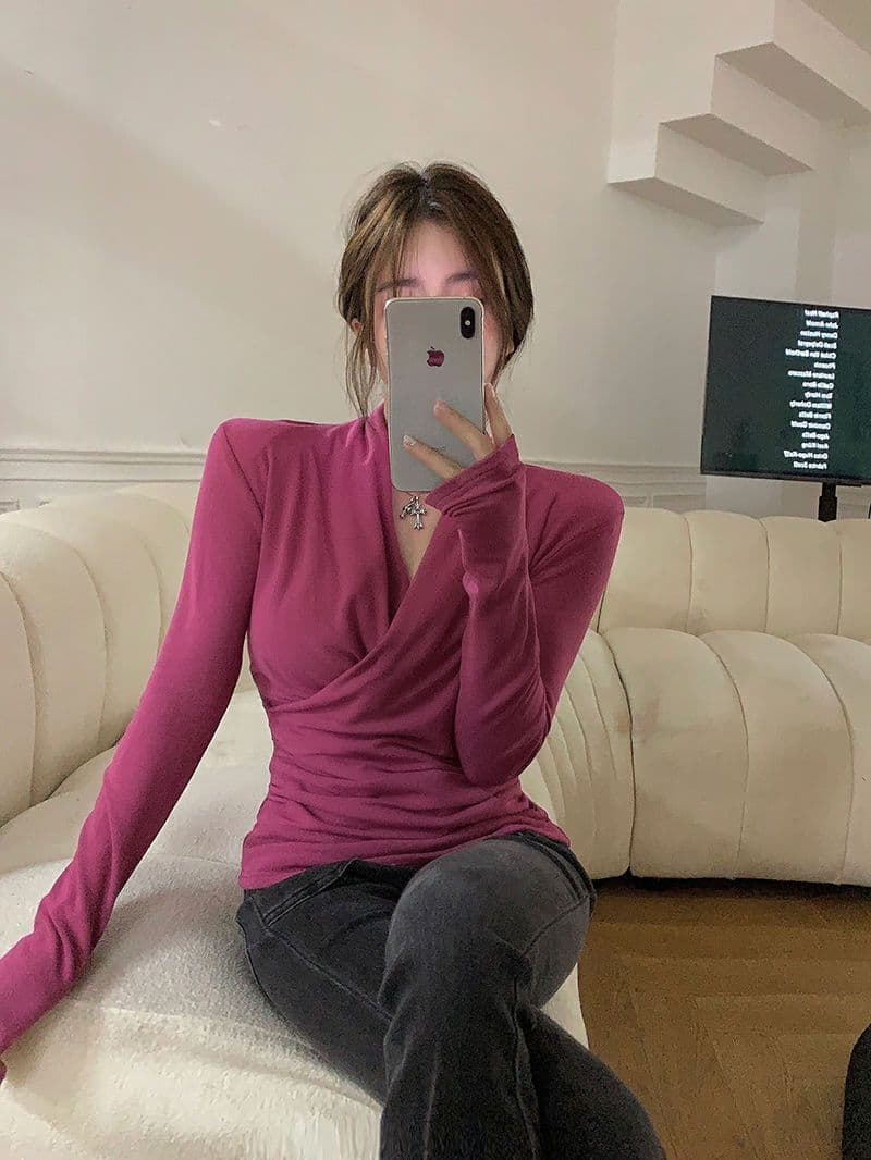 가을 겨울 핫걸 몸매 가꾸기 인사이드 가져 가라. 허리 수축 주름 레트로 긴팔 기본 셔츠 상세 이미지 3