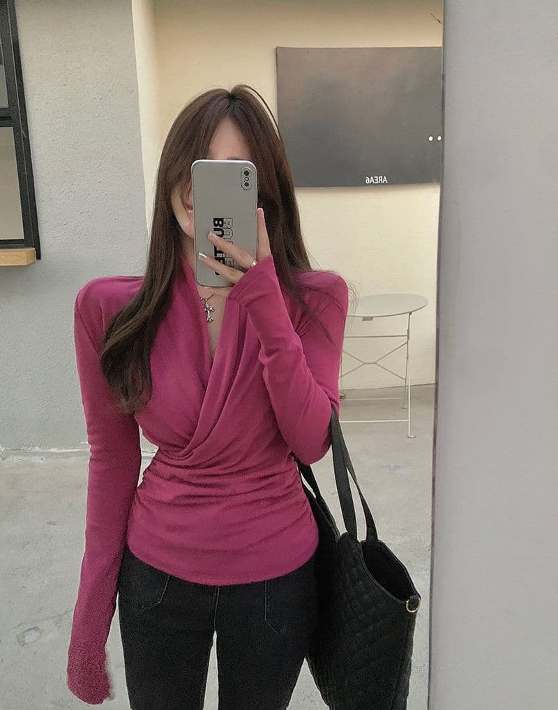 가을 겨울 핫걸 몸매 가꾸기 인사이드 가져 가라. 허리 수축 주름 레트로 긴팔 기본 셔츠 상세 이미지 10