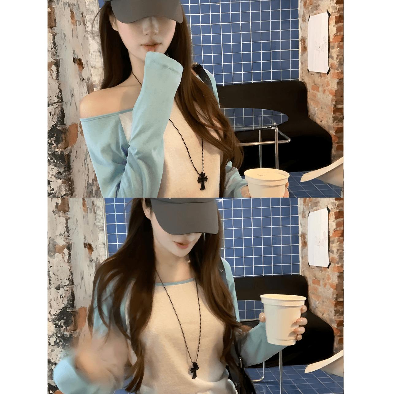 파란색 긴팔 티셔츠 여성 가을 루즈핏 한 부서 오프숄더 비스듬한 어깨 슬림해 보이는 인사이드 가져 가라. 기본 셔츠 작은 맨위 이미지 5