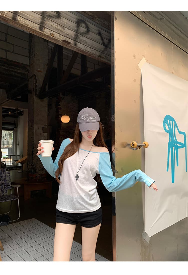 파란색 긴팔 티셔츠 여성 가을 루즈핏 한 부서 오프숄더 비스듬한 어깨 슬림해 보이는 인사이드 가져 가라. 기본 셔츠 작은 맨위 상세 이미지 6