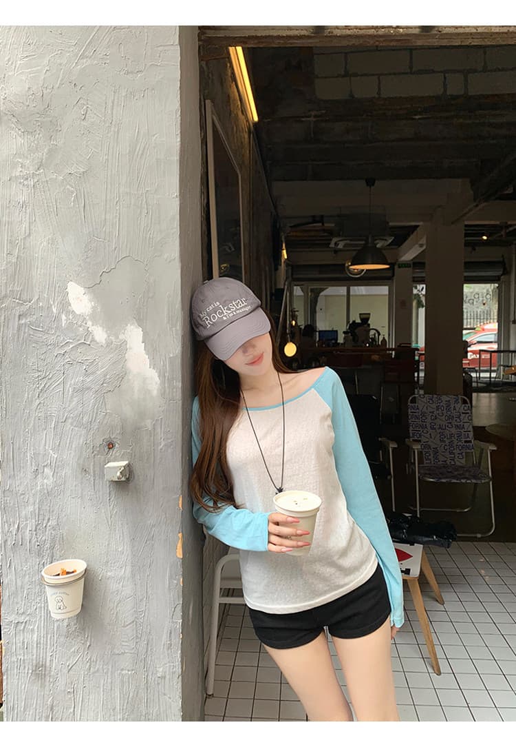파란색 긴팔 티셔츠 여성 가을 루즈핏 한 부서 오프숄더 비스듬한 어깨 슬림해 보이는 인사이드 가져 가라. 기본 셔츠 작은 맨위 상세 이미지 11