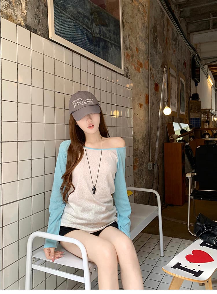 파란색 긴팔 티셔츠 여성 가을 루즈핏 한 부서 오프숄더 비스듬한 어깨 슬림해 보이는 인사이드 가져 가라. 기본 셔츠 작은 맨위 상세 이미지 16