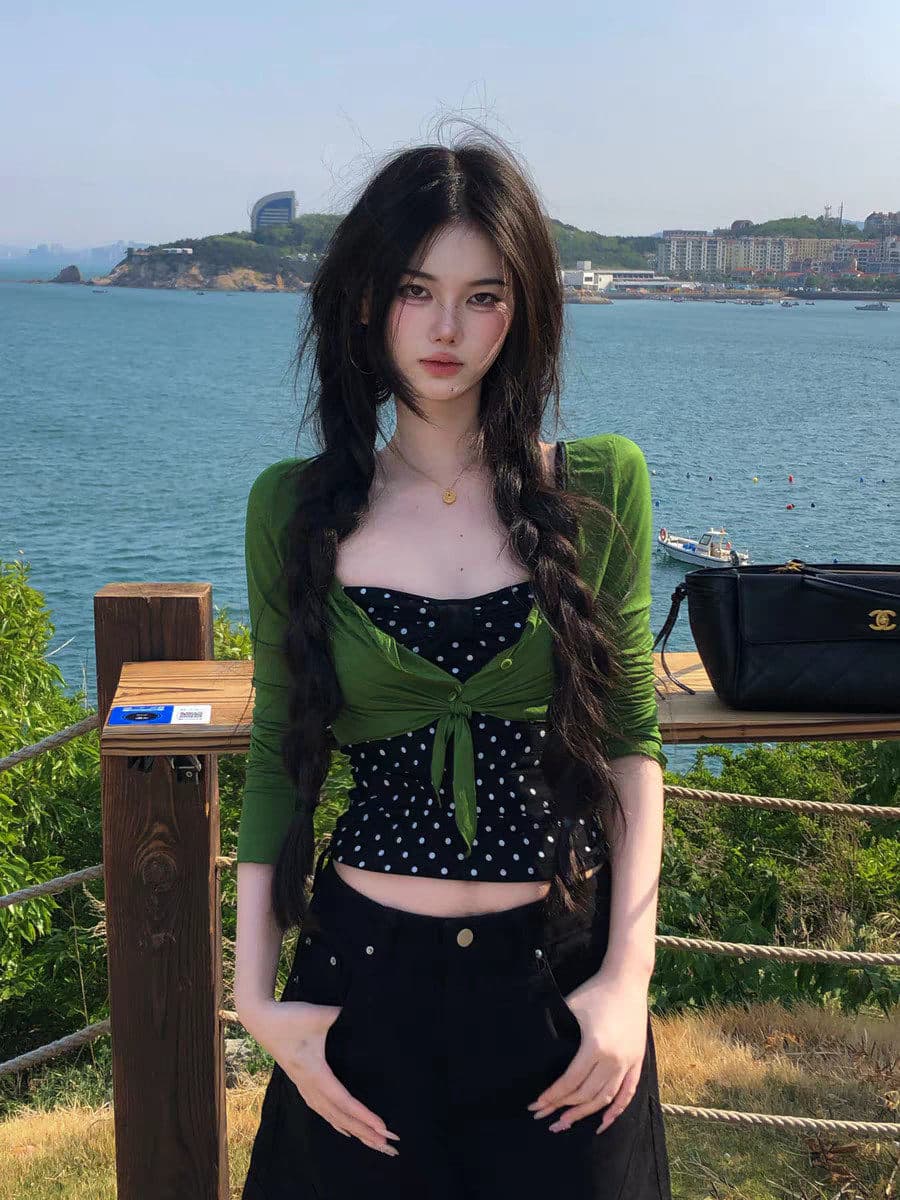 얇고 가벼운 긴팔 V넥 단추 디스플레이 화이트 레이스업 오픈 가디건 초록 초록 맨위 블라우스 여성 인사이드 가져 가라. 도트 무늬 투피스 조끼 상세 이미지 1