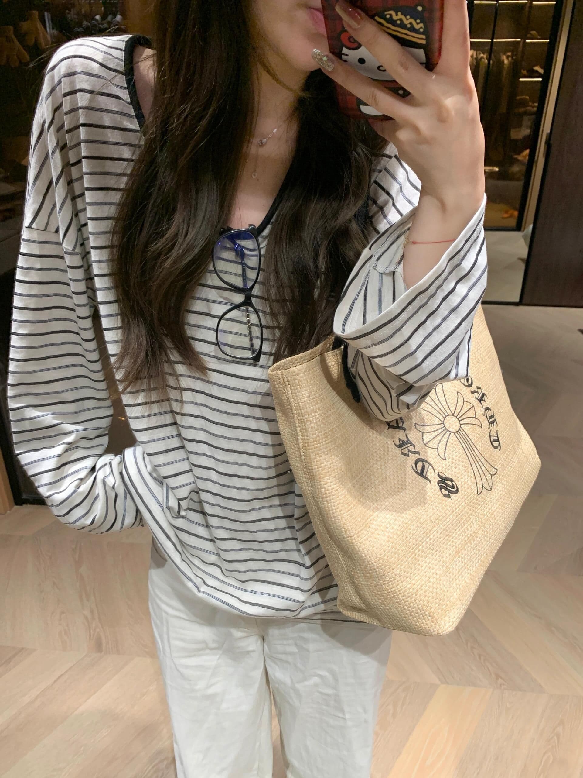 느긋한 느슨함 센스 스트라이프 긴팔 티셔츠 여성