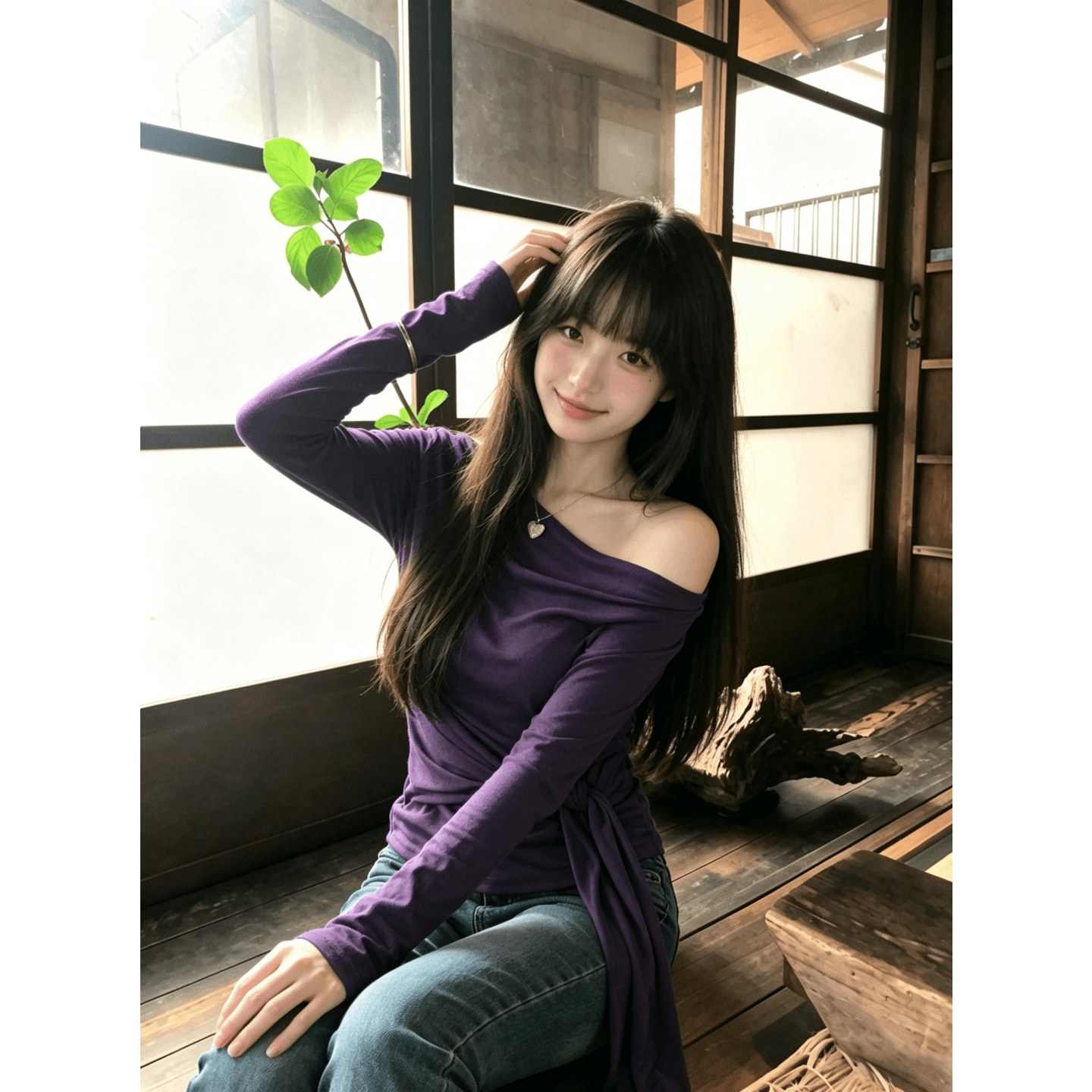 한국 스타일 품격 불규칙 비스듬한 어깨 길다 소매 위버
